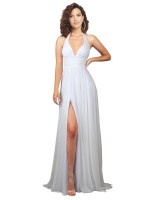 Halter Plunge V-Neckline Chiffon Beach Wedding Dress UK with High Leg Split