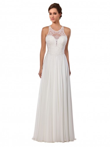 Illusion Neck A-Line Lace and Chiffon Beach Wedding Dress UK