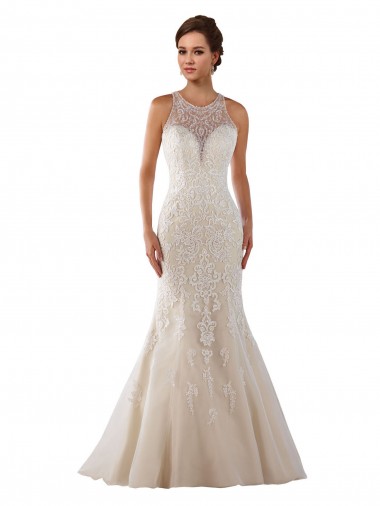 High Neck Mermaid Lace Wedding Dress with Illusion Back UK