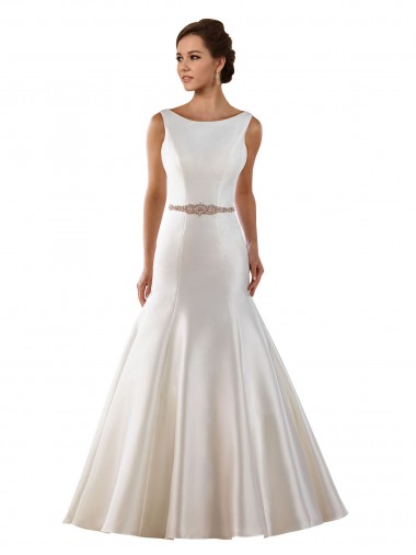 Modern Boat Neck Mermaid Satin Wedding Dress with Deep V-Back UK