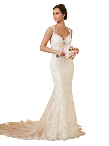 Modern Chapel Train Sweetheart Mermaid Lace Wedding Dress with Keyhole Back UK