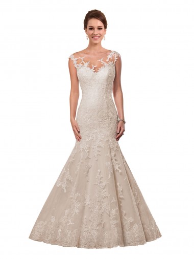 Fit and Flare Illusion Neck Lace Wedding Dress UK