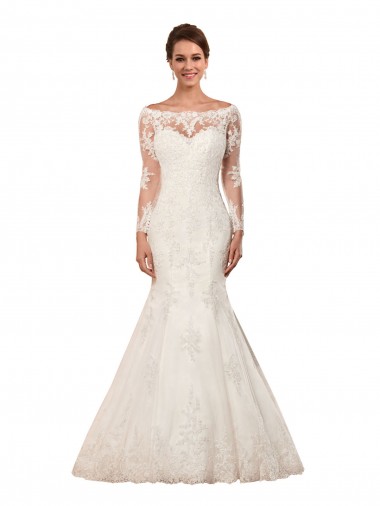 Long Sleeves Mermaid Lace Wedding Dress with Illusion Back UK