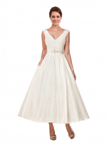 V-Neck A-Line Short Ankle Length Satin Wedding Dress UK