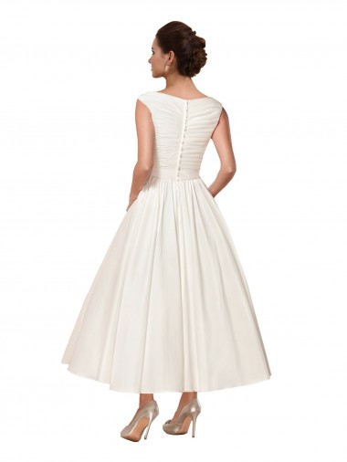 V-Neck A-Line Short Ankle Length Satin Wedding Dress UK