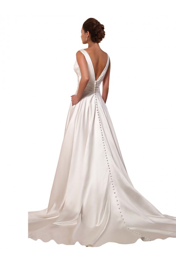 Deep V-Neck A-Line Satin Wedding Dress with Pockets UK