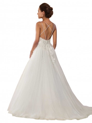 Modern Spaghetti Straps Ball Gown Tulle Wedding Dress with Lace Bodice UK