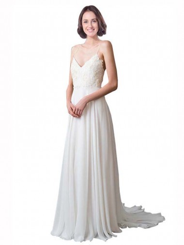 Spaghetti Straps V-Neck A-Line Chiffon Beach Wedding Dress UK