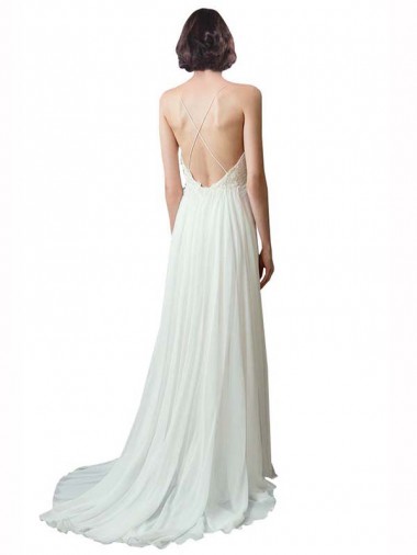 Spaghetti Straps V-Neck A-Line Chiffon Beach Wedding Dress UK