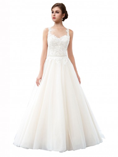 Illusion Neck A-Line Tulle Beach Wedding Dress with Lace Bodice UK