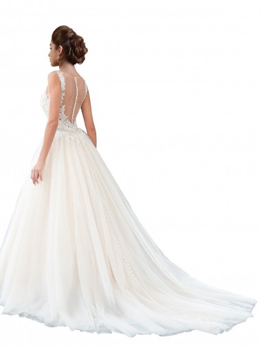 Illusion Neck A-Line Tulle Beach Wedding Dress with Lace Bodice UK