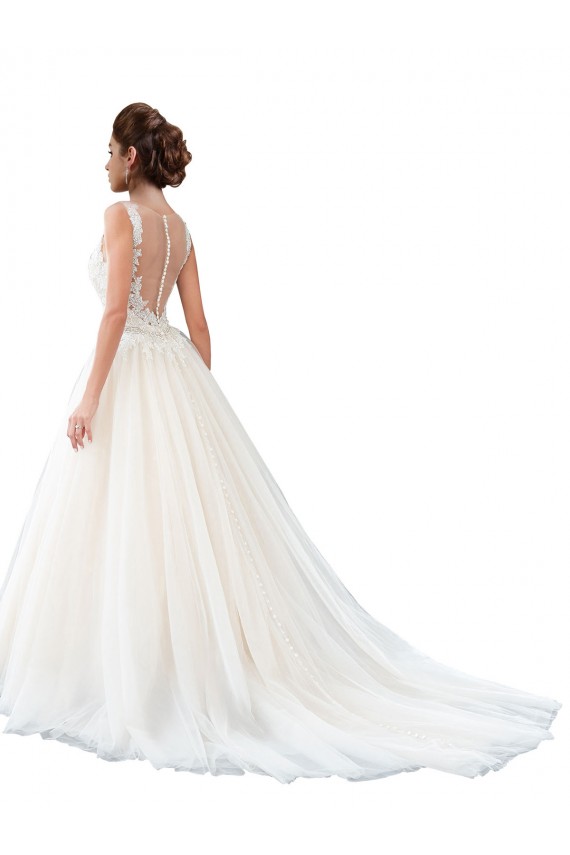 Illusion Neck A-Line Tulle Beach Wedding Dress with Lace Bodice UK