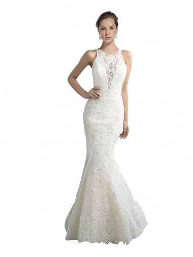 Deep Illusion Neck Mermaid Tulle Beach Wedding Dress with All Over Lace UK