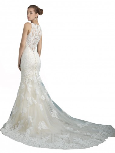 Deep Illusion Neck Mermaid Tulle Beach Wedding Dress with All Over Lace UK