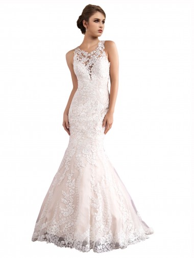 Illusion Neck Fit and Flare Tulle Wedding Dress with All Over Lace UK