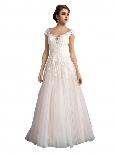 Illusion Cap Sleeves A-Line Tulle Beach Wedding Dress with Lace Bodice UK