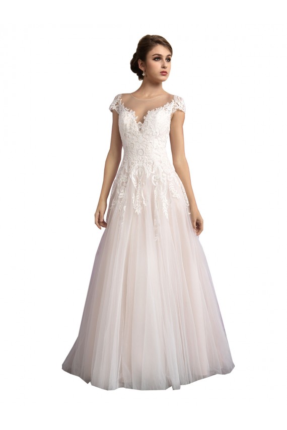 Illusion Cap Sleeves A-Line Tulle Beach Wedding Dress with Lace Bodice UK