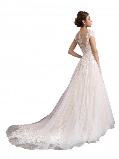 Illusion Cap Sleeves A-Line Tulle Beach Wedding Dress with Lace Bodice UK