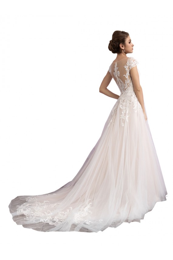 Illusion Cap Sleeves A-Line Tulle Beach Wedding Dress with Lace Bodice UK