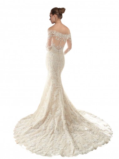 Long Sleeves Off the Shoulder Trumpet Lace Wedding Dress UK
