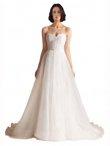 Strapless Sweetheart Lace Bodice A-Line Organza Wedding Dress UK