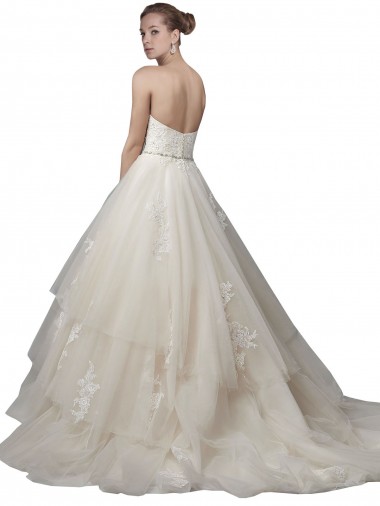 Strapless Ball Gown Tulle Wedding Dress with Lace Appliques UK