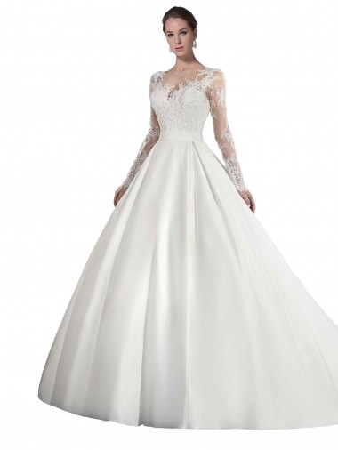 Long Sleeves Illusion Neck A-Line Satin Wedding Dress with Lace Bodice UK