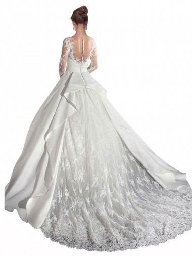 Long Sleeves Illusion Neck A-Line Satin Wedding Dress with Lace Bodice UK