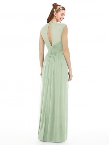Sheer Back Cap Sleeves Long Chiffon Bridesmaid Dress  UK