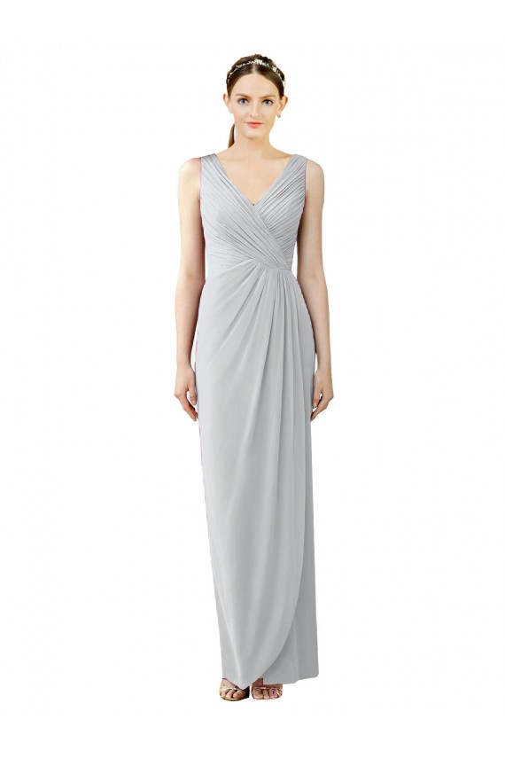 Draped Sleeveless Long Chiffon V-Neck Bridesmaid Dress UK