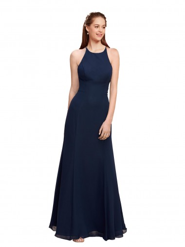 High Halter Fit and Flare Long Chiffon Bridesmaid Dress / Prom Dress with Criss Cross Low Back UK