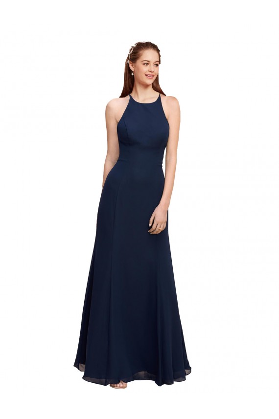 High Halter Fit and Flare Long Chiffon Bridesmaid Dress / Prom Dress with Criss Cross Low Back UK