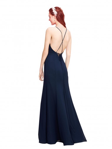 High Halter Fit and Flare Long Chiffon Bridesmaid Dress / Prom Dress with Criss Cross Low Back UK