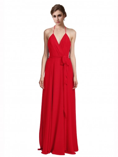 V-Neck Spaghetti Halter Strap Chiffon Bridesmaid Dress UK