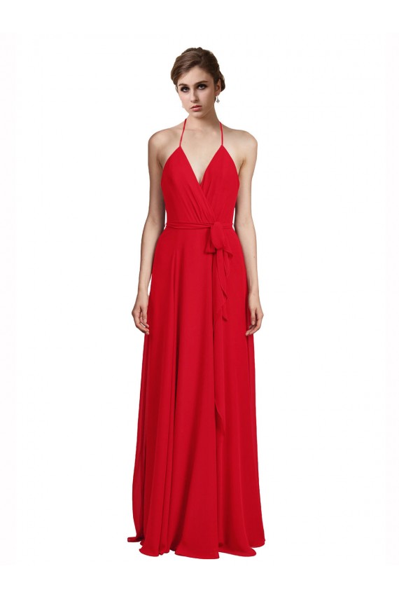 V-Neck Spaghetti Halter Strap Chiffon Bridesmaid Dress UK