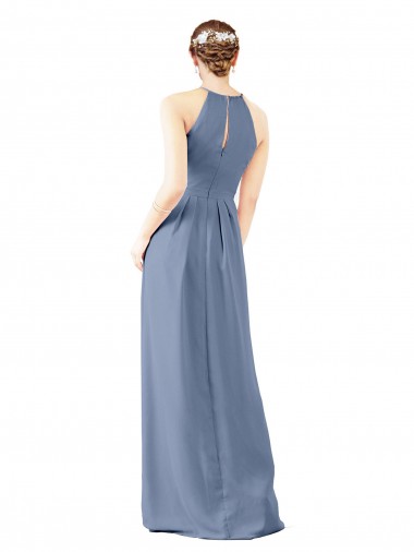 Fitted Long High Halter Neck Chiffon Bridesmaid Dress with Keyhole Back UK