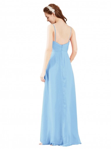 Pleated Low Back Long V-Neck Chiffon Bridesmaid Dress with Thin Straps UK
