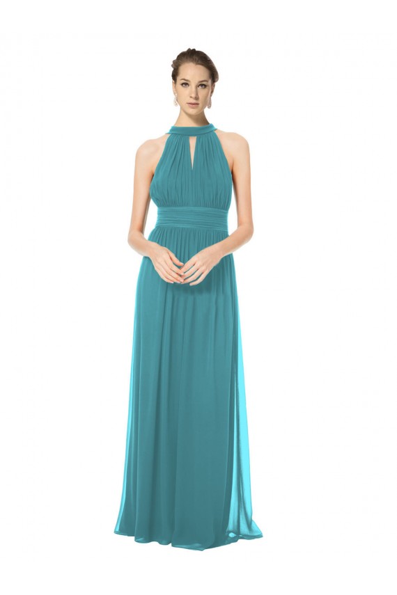 Ruched Long Chiffon Halter Bridesmaid Dress with Tie Back and Tails UK