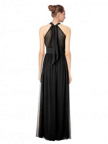 Ruched Long Chiffon Halter Bridesmaid Dress with Tie Back and Tails UK