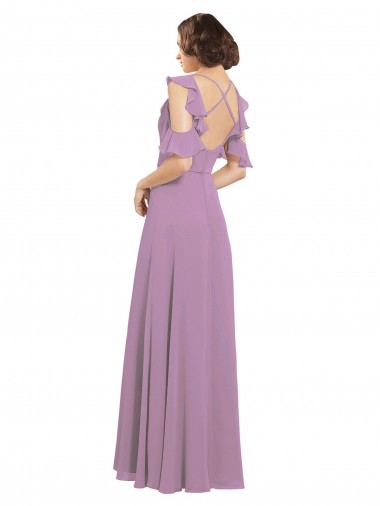 Long Chiffon Bridesmaids Dress with Flounced Sleeve Detail and Criss Cross Back UK
