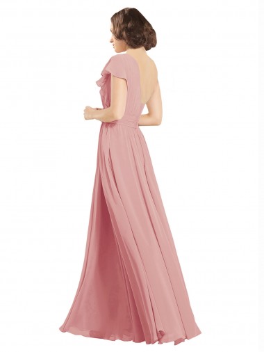 Chiffon Bridesmaids Dress with One Shoulder Flounced Sleeve UK