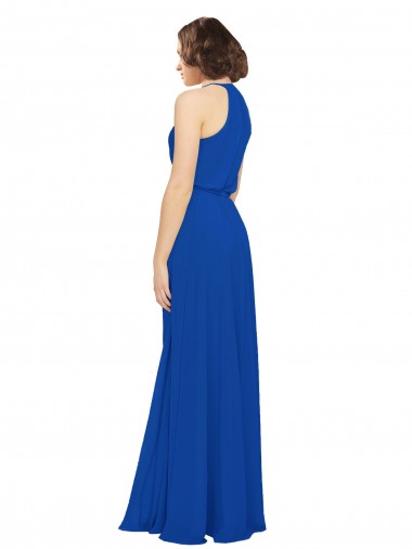 Long Jewel Neckline Chiffon Bridesmaids Dress wit Chiffon Tie Sash UK
