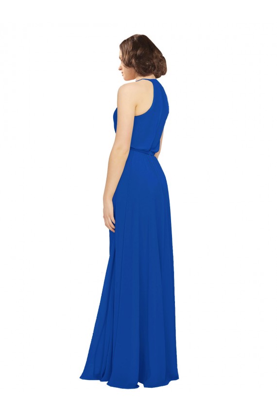 Long Jewel Neckline Chiffon Bridesmaids Dress wit Chiffon Tie Sash UK