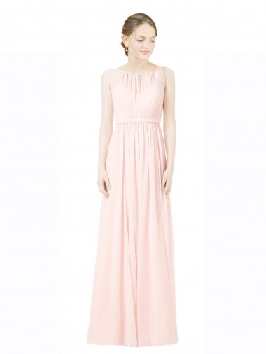 Long Chiffon Sleeveless Bridesmaid Dress with Sheer Illusion Top and V-Back UK
