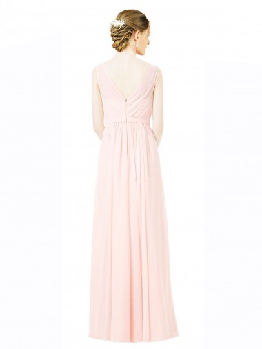 Long Chiffon Sleeveless Bridesmaid Dress with Sheer Illusion Top and V-Back UK