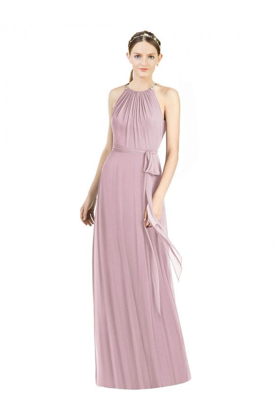 Shirred Halter Neck Long Chiffon Bridesmaid Dress UK