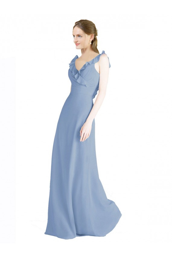 Fluted Chiffon Wrap Bridesmaid Dress with Ruffles V-Neck UK