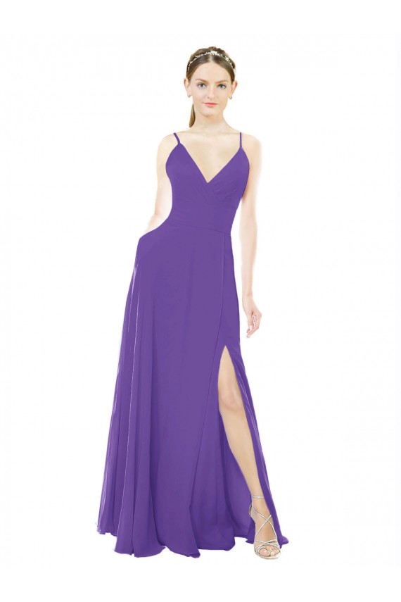 Long Chiffon A-Line Bridesmaid Dress with Deep V-Neckline and Side Slit UK