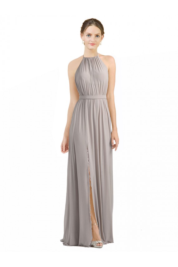Backless Halter Chiffon Bridesmaid Dress with Front Slit and Tie Open Back UK