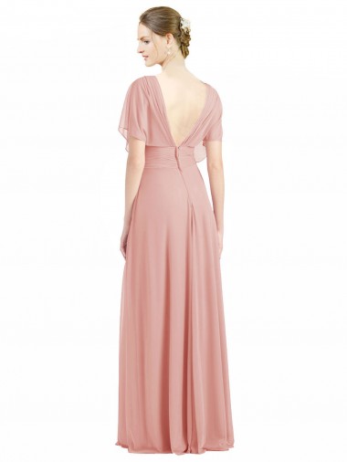 Draped Short Sleeves Long Chiffon A-Line Bridesmaid Dress UK